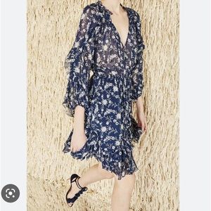 Ulla Johnson - Navy Floral Silk Ruffle Long Sleeve Dress - 4/S